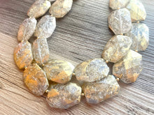 Load image into Gallery viewer, Golden Crackle Necklace, Double strand bright jewelry, big beaded chunky statement, summer necklace, resin white clear gold white painted