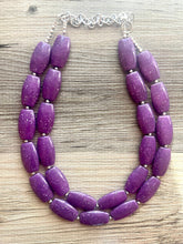 Load image into Gallery viewer, Purple Geometric Beaded Necklace, Multi Strand Acrylic Beaded Jewelry, Chunky bib jewelry, dark purple beaded necklace, big bead
