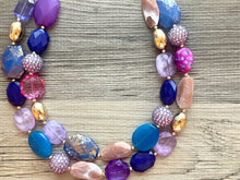 Load image into Gallery viewer, Bora Bora chunky necklace, Wanderlust Collection beaded jewelry, resin beaded Navy necklace, purple pink periwinkle blue lavender