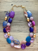 Load image into Gallery viewer, Bora Bora chunky necklace, Wanderlust Collection beaded jewelry, resin beaded Navy necklace, purple pink periwinkle blue lavender