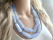 Load image into Gallery viewer, Periwinkle Blue Statement Necklace, chunky bib beaded jewelry, sky light blue color block necklace, beaded acrylic tube jewelry