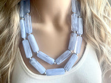 Load image into Gallery viewer, Periwinkle Blue Statement Necklace, chunky bib beaded jewelry, sky light blue color block necklace, beaded acrylic tube jewelry