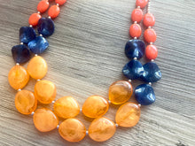 Load image into Gallery viewer, Orange & Navy Blue Chunky Statement Necklace, Big beaded jewelry, Double Strand Statement Necklace, Bib necklace, sport bridesmaid wedding
