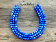 Load image into Gallery viewer, Royal blue Chunky Statement Necklace, 3 Strand Beaded Jewelry, Blue White cream jewelry, jewel tone mermaid bib bright blue sky