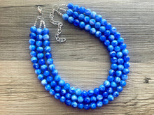 Load image into Gallery viewer, Royal blue Chunky Statement Necklace, 3 Strand Beaded Jewelry, Blue White cream jewelry, jewel tone mermaid bib bright blue sky