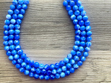 Load image into Gallery viewer, Royal blue Chunky Statement Necklace, 3 Strand Beaded Jewelry, Blue White cream jewelry, jewel tone mermaid bib bright blue sky