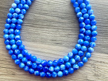 Load image into Gallery viewer, Royal blue Chunky Statement Necklace, 3 Strand Beaded Jewelry, Blue White cream jewelry, jewel tone mermaid bib bright blue sky