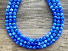 Load image into Gallery viewer, Royal blue Chunky Statement Necklace, 3 Strand Beaded Jewelry, Blue White cream jewelry, jewel tone mermaid bib bright blue sky