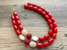 Load image into Gallery viewer, Fiery Red Chunky Statement Necklace, Big beaded jewelry, Double Strand Statement Necklace, Bib necklace, red bridesmaid wedding cream