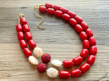 Load image into Gallery viewer, Fiery Red Chunky Statement Necklace, Big beaded jewelry, Double Strand Statement Necklace, Bib necklace, red bridesmaid wedding cream