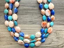 Load image into Gallery viewer, Beachfront Necklace, Triple strand bright jewelry, big beaded chunky statement, summer necklace, cream coral blue turquoise