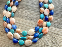 Load image into Gallery viewer, Beachfront Necklace, Triple strand bright jewelry, big beaded chunky statement, summer necklace, cream coral blue turquoise