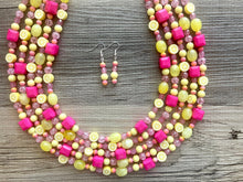 Load image into Gallery viewer, 5 Strand Raspberry Lemonade Chunky Statement Necklace + earrings, yellow pink beaded necklace, colorful jewelry lemon