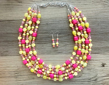 Load image into Gallery viewer, 5 Strand Raspberry Lemonade Chunky Statement Necklace + earrings, yellow pink beaded necklace, colorful jewelry lemon