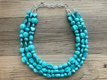 Load image into Gallery viewer, Cook Islands chunky necklace, Wanderlust Collection beaded jewelry, resin beaded Blue green aqua necklace, turquoise blue necklace