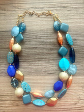 Load image into Gallery viewer, Sydney Skyline chunky necklace, Wanderlust Collection beaded jewelry, resin beaded Ombré necklace, blue copper gold turquoise aqua
