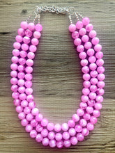 Load image into Gallery viewer, Bubblegum Pink Chunky Statement Necklace, 3 Strand Beaded Jewelry, Pink White cream jewelry, jewel tone mermaid bib light pink