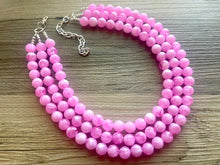 Load image into Gallery viewer, Bubblegum Pink Chunky Statement Necklace, 3 Strand Beaded Jewelry, Pink White cream jewelry, jewel tone mermaid bib light pink