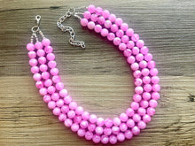 Load image into Gallery viewer, Bubblegum Pink Chunky Statement Necklace, 3 Strand Beaded Jewelry, Pink White cream jewelry, jewel tone mermaid bib light pink