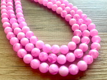 Load image into Gallery viewer, Bubblegum Pink Chunky Statement Necklace, 3 Strand Beaded Jewelry, Pink White cream jewelry, jewel tone mermaid bib light pink