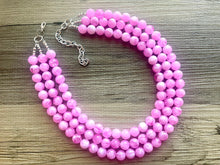 Load image into Gallery viewer, Bubblegum Pink Chunky Statement Necklace, 3 Strand Beaded Jewelry, Pink White cream jewelry, jewel tone mermaid bib light pink