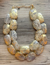 Load image into Gallery viewer, Golden Crackle Necklace, Double strand bright jewelry, big beaded chunky statement, summer necklace, resin white clear gold white painted