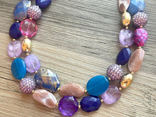 Load image into Gallery viewer, Bora Bora chunky necklace, Wanderlust Collection beaded jewelry, resin beaded Navy necklace, purple pink periwinkle blue lavender