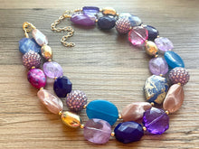 Load image into Gallery viewer, Bora Bora chunky necklace, Wanderlust Collection beaded jewelry, resin beaded Navy necklace, purple pink periwinkle blue lavender