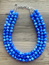 Load image into Gallery viewer, Royal blue Chunky Statement Necklace, 3 Strand Beaded Jewelry, Blue White cream jewelry, jewel tone mermaid bib bright blue sky
