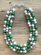 Load image into Gallery viewer, Green & White Statement Necklace, Green jewelry, dark green bib chunky necklace, Kelly green ombré white beaded necklace silver