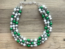 Load image into Gallery viewer, Green & White Statement Necklace, Green jewelry, dark green bib chunky necklace, Kelly green ombré white beaded necklace silver
