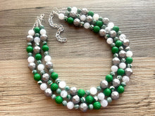 Load image into Gallery viewer, Green & White Statement Necklace, Green jewelry, dark green bib chunky necklace, Kelly green ombré white beaded necklace silver
