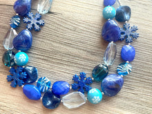 Load image into Gallery viewer, Blue Christmas Beaded Necklace, 2 strand Chunky statement necklace, big beaded necklace jewelry, Aqua sparkle silver statement