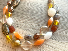 Load image into Gallery viewer, Autumn Art Statement Necklace, Gold & Orange Necklace, 2 Strand Statement Necklace, fall colors chunky necklace burnt clementine