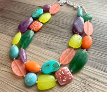 Load image into Gallery viewer, Funk Festival chunky necklace, beaded jewelry, resin beaded necklace, purple green coral lime necklace, vacation necklace jewelry