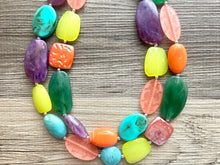 Load image into Gallery viewer, Funk Festival chunky necklace, beaded jewelry, resin beaded necklace, purple green coral lime necklace, vacation necklace jewelry