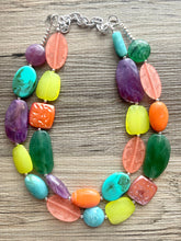 Load image into Gallery viewer, Funk Festival chunky necklace, beaded jewelry, resin beaded necklace, purple green coral lime necklace, vacation necklace jewelry