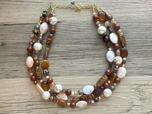 Load image into Gallery viewer, Brownie Batter Necklace, multi strand jewelry, big beaded chunky statement necklace, brown champagne necklace, tan white bridesmaid