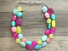 Load image into Gallery viewer, Garden Blooms Chunky Statement Necklace, mint green beaded necklace, pink green silver jewelry multi strand necklace bib rose flower