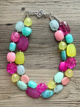 Load image into Gallery viewer, Garden Blooms Chunky Statement Necklace, mint green beaded necklace, pink green silver jewelry multi strand necklace bib rose flower