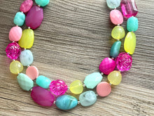 Load image into Gallery viewer, Garden Blooms Chunky Statement Necklace, mint green beaded necklace, pink green silver jewelry multi strand necklace bib rose flower