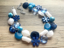 Load image into Gallery viewer, Blue & White Snow Christmas Beaded Necklace, 2 strand Chunky statement necklace, big beaded necklace jewelry, Aqua sparkle silver statement