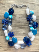 Load image into Gallery viewer, Blue & White Snow Christmas Beaded Necklace, 2 strand Chunky statement necklace, big beaded necklace jewelry, Aqua sparkle silver statement