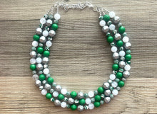 Load image into Gallery viewer, Green & White Statement Necklace, Green jewelry, dark green bib chunky necklace, Kelly green ombré white beaded necklace silver
