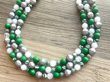 Load image into Gallery viewer, Green & White Statement Necklace, Green jewelry, dark green bib chunky necklace, Kelly green ombré white beaded necklace silver