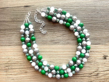 Load image into Gallery viewer, Green & White Statement Necklace, Green jewelry, dark green bib chunky necklace, Kelly green ombré white beaded necklace silver