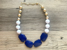 Load image into Gallery viewer, Blue White & Gold Big Bead Necklace, Statement Jewelry, white blue gold Chunky bib, bridesmaids necklace, wedding necklace, bridal necklace