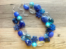 Load image into Gallery viewer, Blue Christmas Beaded Necklace, 2 strand Chunky statement necklace, big beaded necklace jewelry, Aqua sparkle silver statement