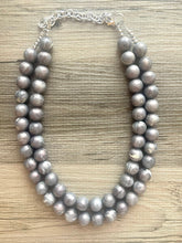 Load image into Gallery viewer, Two Strand Silver gray hologram Resin Chunky statement necklace, big beaded jewelry, gifts for women, bib jewelry Multi-Strand necklace