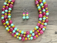 Load image into Gallery viewer, Paradise Resort Statement Necklace, multi strand bright jewelry, chunky statement necklace, green necklace, mint green hot pink beaded
